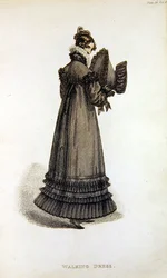 Vestido de passeio, placa de moda do Repositório de Artes da Ackermann (gravura colorida)