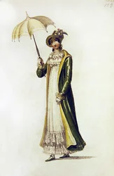 Vestido de passeio, placa de moda do Repositório de Artes da Ackermann (gravura colorida)