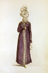 Vestido de passeio, placa de moda do Repositório de Artes da Ackermann (gravura colorida)