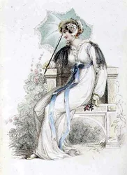 Vestido de passeio, placa de moda do Repositório de Artes da Ackermann (gravura colorida)