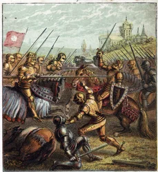 Guerra das Duas Rosas (1455-1485); Batalha de Tewkesbury (4 de Maio de 1471). Ilustração da Guerra Civil inglesa nascida da divisão dos sucessores do Rei Eduardo III (1327-1377) em dois ramos. Batalha de Tewkesbury: a última batalha na guerra da Rosa
