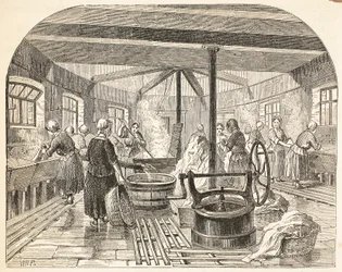 Lavar-casa na prisão de Brixton, ilustração das prisões criminosas de Londres e cenas da vida da prisão por Henry Mayhew e por John Binny, bar. 1862