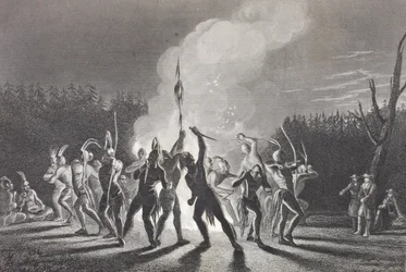 Washington e Fairfax em uma dança de guerra indiana, 1748, da "Galeria de Retratos Históricos", publicada em 1880