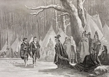 Washington e Gist visitam a rainha indiana Alliquippa, da &39;Galeria de Retratos Históricos&39;, publicada em 1880