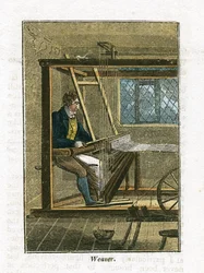 Tecelão no seu tear, de "The Book of English Trades", Londres