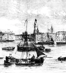 Cais, ligado, a, rio thames, Nicholson&39;s, cais, para, alfândega, casa
