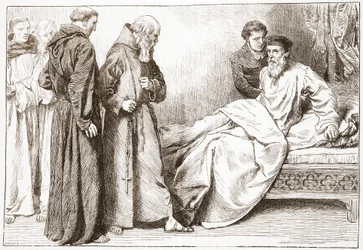 Wicliffe e os monges: cena na cama-câmara, ilustração da história do protestantismo por James Aitken Wylie (1808-1890), bar. 1878
