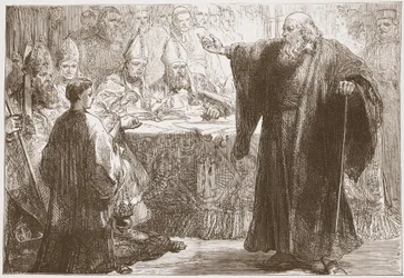 Wicliffe antes da convocação em Oxford, ilustração de The History of Protestantism por James Aitken Wylie (1808-1890), pub. 1878