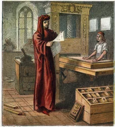 William Caxton (1422-1491), primeiro impressor inglês, na sua oficina com uma prensa de impressão. William Caxton, o primeiro impressor inglês.