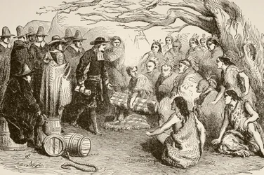 William Penn faz um tratado com os índios Delaware ou Lenape em 1682 (litografia)