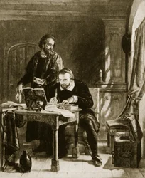 William Tyndale traduzindo o Novo Testamento, ilustração de Hutchinsons História da nação britânica, c.1923