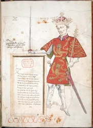 Guilherme o Conquistador, Um rei inglês de armadura e tabardo, apresentando uma placa com versos (vellum)