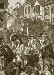 Williams procissão triunfante para Whitehall, ilustração da história ilustrada de Cassells da Inglaterra (foto sépia)