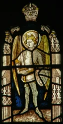 Window Ew tl retratando um anjo da hierarquia angelical com um escudo da Trindade