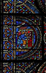 Janela n7 retratando uma cena da vida de St Thomas Becket: cavaleiros na porta de Canterbury