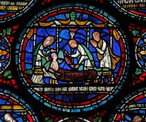 Janela s6 representando uma cena de um St Thomas Becket Janela Miracle: Cicely de Plumstead  Senta-se em seu esquife