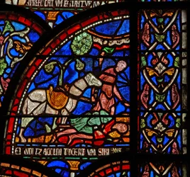 Janela s7 representando uma cena de um St Thomas Becket Janela do milagre: William of Gloucesteris enterrado, mas sua voz é ouvida