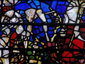 Janela w6 representando St Chad vê um veado com Cristo Crucificado entre seus chifres