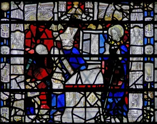 Janela w6 representando uma cena da vida de São Nicolau; fronteira com figuras