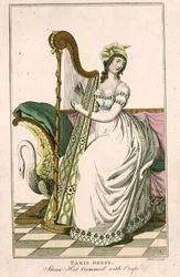 Mulher com vestido de Paris e chapéu de palha aparado com Crepe tocando harpa, ilustração da revista 
