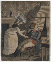 Mulher roubando uma bolsa de meia e relógio de bolso de um homem dormindo, c.1790 (mezzotint cor da mão)