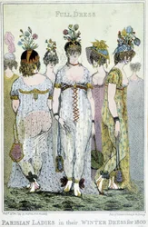 Maravilhoso: Mulheres parisienses em seus vestidos de inverno para 1800, desenhos animados ingleses.