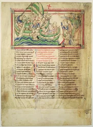 f.4v Thomas a Becket desembarcando em Sandwich e abençoando a água, das folhas de Becket, c.1220-40