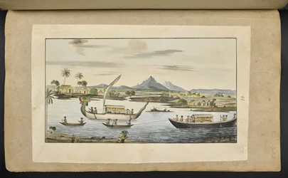 f.75 (placa 86) Cena fluvial em Java com barcos, incluindo um barco com cabeça de dragão
