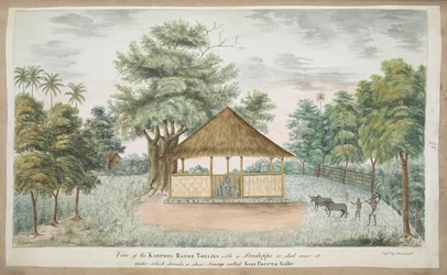 f.84 (95) A estátua de Kiay Poerwakali num barracão de colmo no exterior da aldeia de Batu Tulis (W. Java). Inscrito na frente com tinta:Vista do Toelies do Batoe Kampong com um Pondoppo ou barracão perto dele, sob o qual se encontra uma imagem de pedra ch