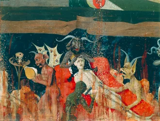 Demónios e condenados no inferno, detalhe da Coroação da Virgem Altarpiece