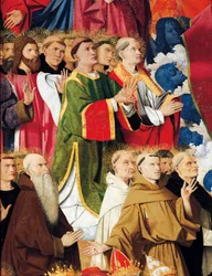 Ordens religiosas e clero, detalhe de Coronation of Virgin Altarpiece de Enguerrand Quarton (cerca de 1410-1466), tempera em painel
