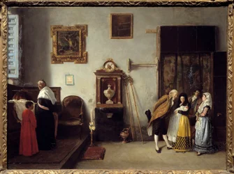 Uma missa de Relevailles em Espanha O sacerdote vem dar a bênção ao recém-nascido e à mãe que deixa o parto. Pintura de Don Enrique Melida y Alinari (1834-1892) 1872 Sol. 0,52x0,73 m Bayonne, Musee Bonnat