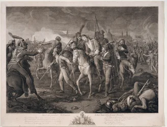 Mort du General Alexis Melissin (1759-1813) em Dresde, en 1813 - Morte do General Aleksey Melissino em 26 de agosto de 1813 - Krueger, Ephraim Gottlieb (1756-1834) - 1813 - Água-forte - 68,4x88,8 - Coleção Particular