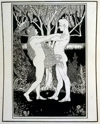 Adão e Eva (inocência), do livro Judá ilustrado por Efraim Moses Lilien (1874-1925). Lilian é considerado o pai da iconografia sionista, criada no estilo Jugendstil (art nouveau alemão). Ele ilustrou