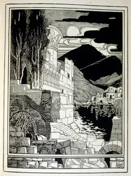 As ruínas de Sodoma, do livro Judá ilustrado por Efraim Moses Lilien (1874-1925). Lilian é considerado o pai da iconografia sionista, criada no estilo Jugendstil (art nouveau alemão). Ele ilustrou