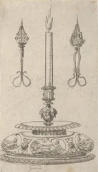 Projeto para um castiçal com aparadores de pavio de vela, 1560-70.