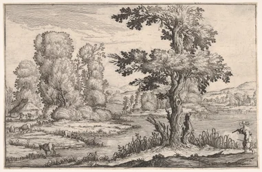 Paisagem com cabras a pastar junto a um rio e uma figura em primeiro plano à direita, de um ser..., 1638.