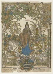 Frontispícios com uma mulher em um pedestal com armas de Bernhard von Breydenbach e Johannes Comes in a frame
