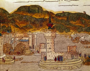 Vista do porto de Candie (actual Heraklion) em Creta Page do livro de viagens "peregrinatio in terram sanctam" após a peregrinação na Terra Santa de Bernard de Breydenbach (Breidenbach) (1454-1497) ilustrada por gravuras de Erhard Re