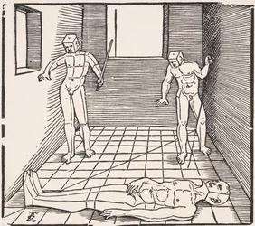Três figuras masculinas em uma sala De: Unnderweissung der Proportzion