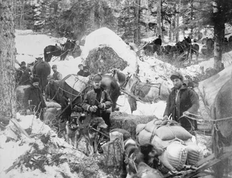 Prospectores a subir Porcupine Hill no Trilho de Skagway, Alasca, durante a corrida ao ouro do Klondike (1897-98), 1898