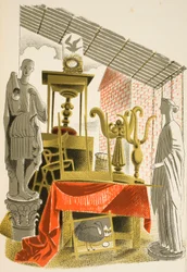 Loja de antiguidades, ilustração de "High Street", de JM Richards, impressa pela Curwen Press, pub. pela vida do país, 1938