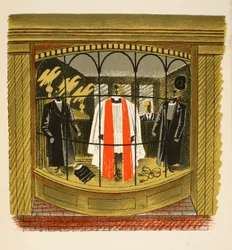 Clerical Outfitter, ilustração de "High Street", de JM Richards, impressa pela Curwen Press, pub. pela vida do país, 1938