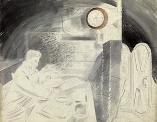 A cabina (ou praça) dos oficiais superiores de um submarino (submarino). Série a lápis de Eric Ravilious (1903-1942), embarcado num submarino durante a Segunda Guerra Mundial (1939-1945)