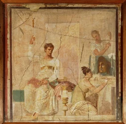 Actores dedicando uma máscara aos deuses Pintura mural, cópia de um original grego do século IV a.C., de Herculanum, Itália