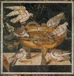 Pássaros a beber de uma taça. Mosaico de Pompeia, Itália
