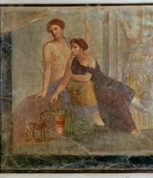 Fragmento de um mural de Pompeia: cena mística ...