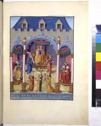 Página inteira: O imperador Carlos V entronizado, c.1515 (pintura a têmpera)