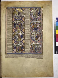 Página inteira: oito medalhões que encerram miniaturas acompanhadas de um texto explicativo, c.1225-1250 (têmpera sobre pergaminho)