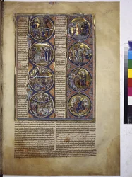 Página inteira: oito medalhões que encerram miniaturas acompanhadas de um texto explicativo, c.1225-1250 (têmpera sobre pergaminho)